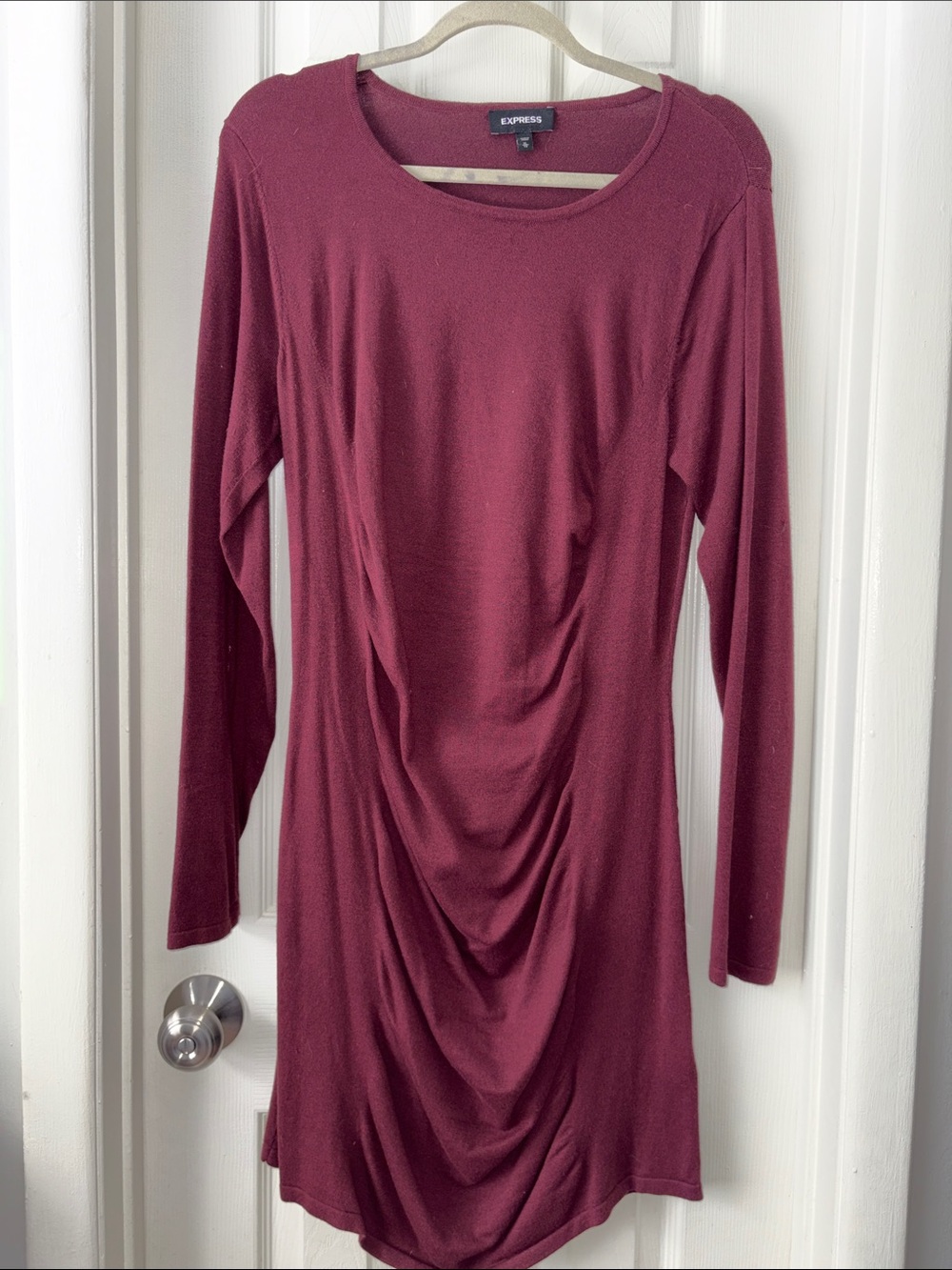 Express Long-Sleeve Ruched Midi Dress in Burgundy